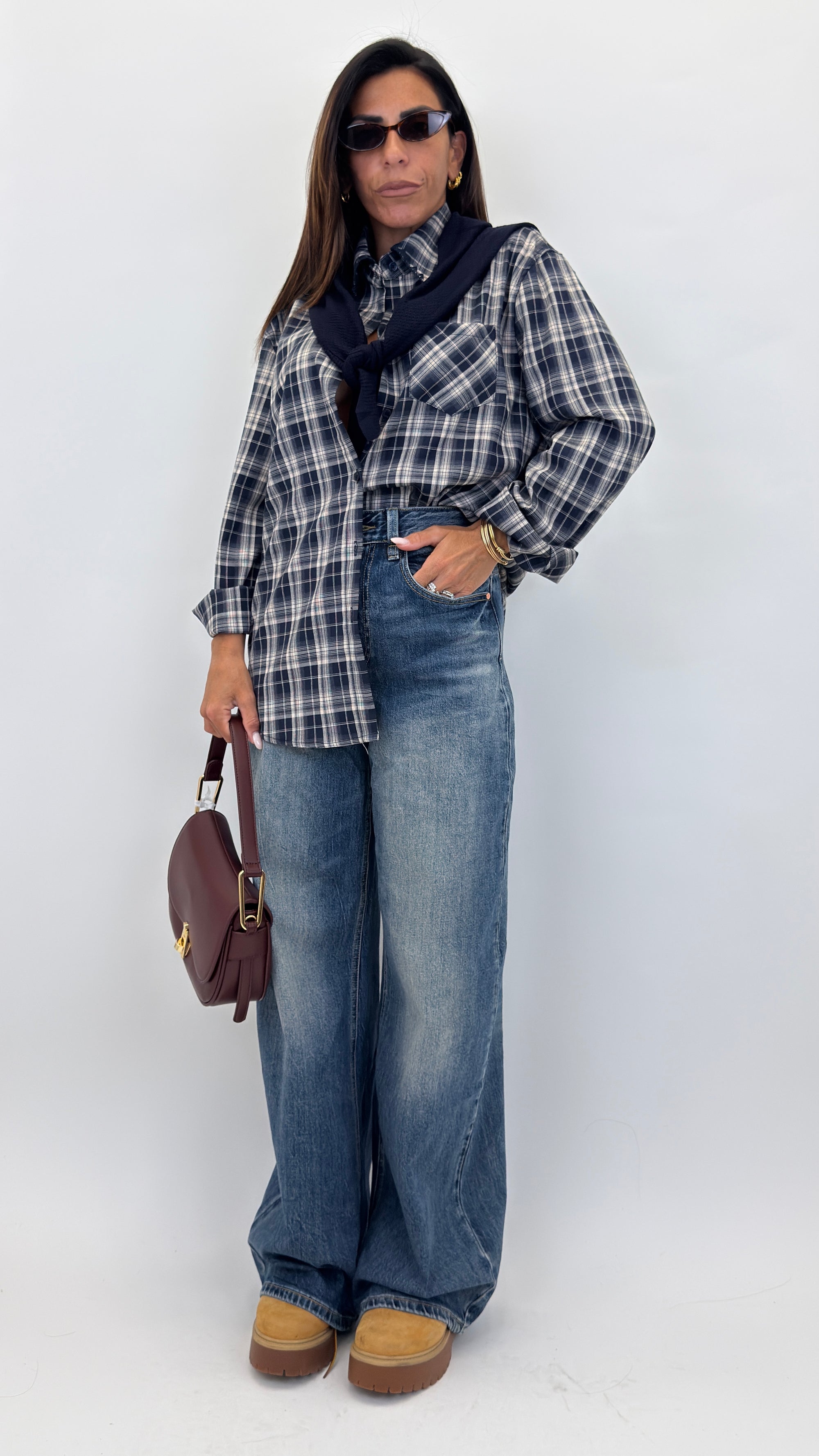 Camicia a quadri in cotone con scialle