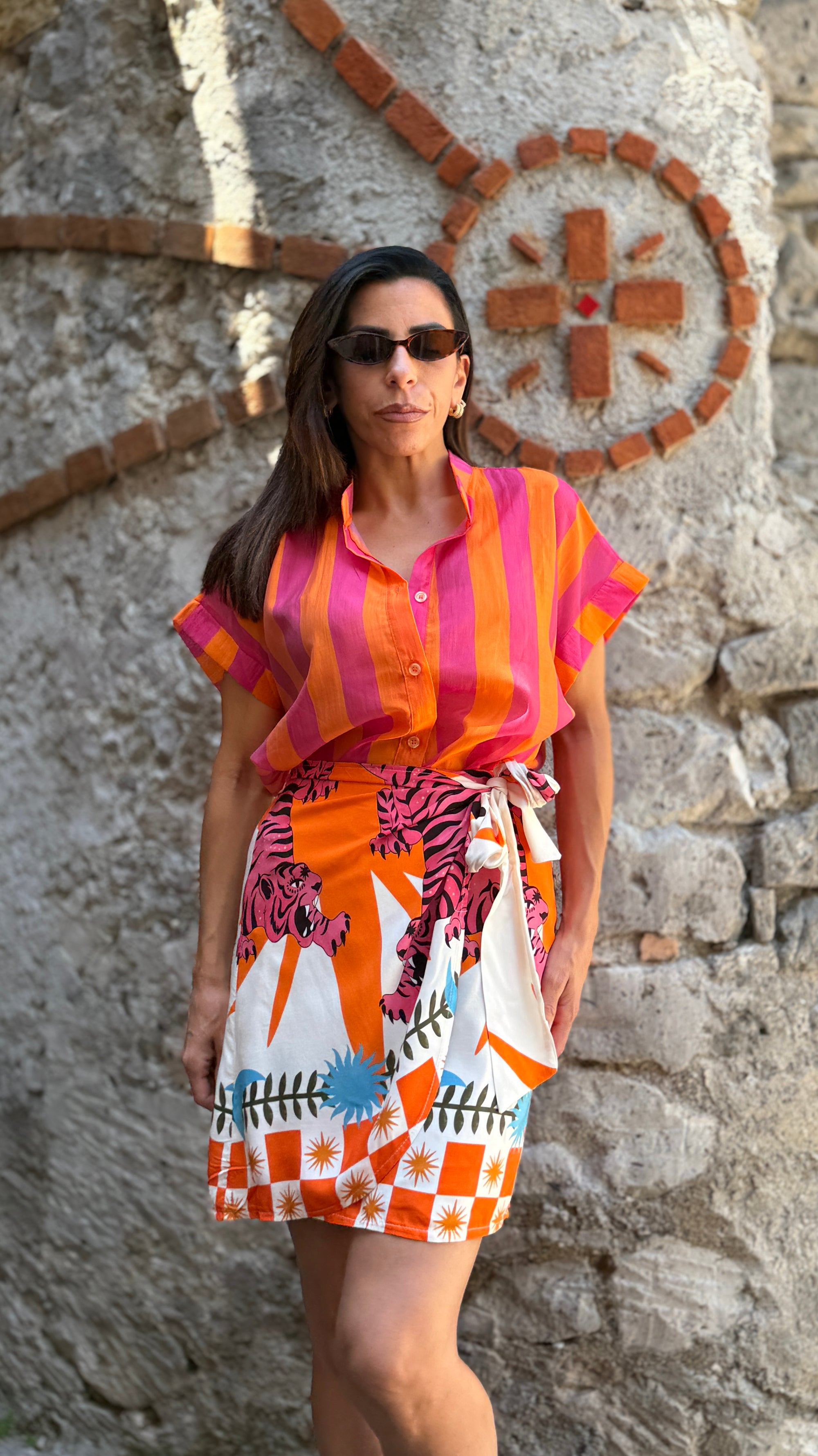 Camicia coreana arancio/fucsia