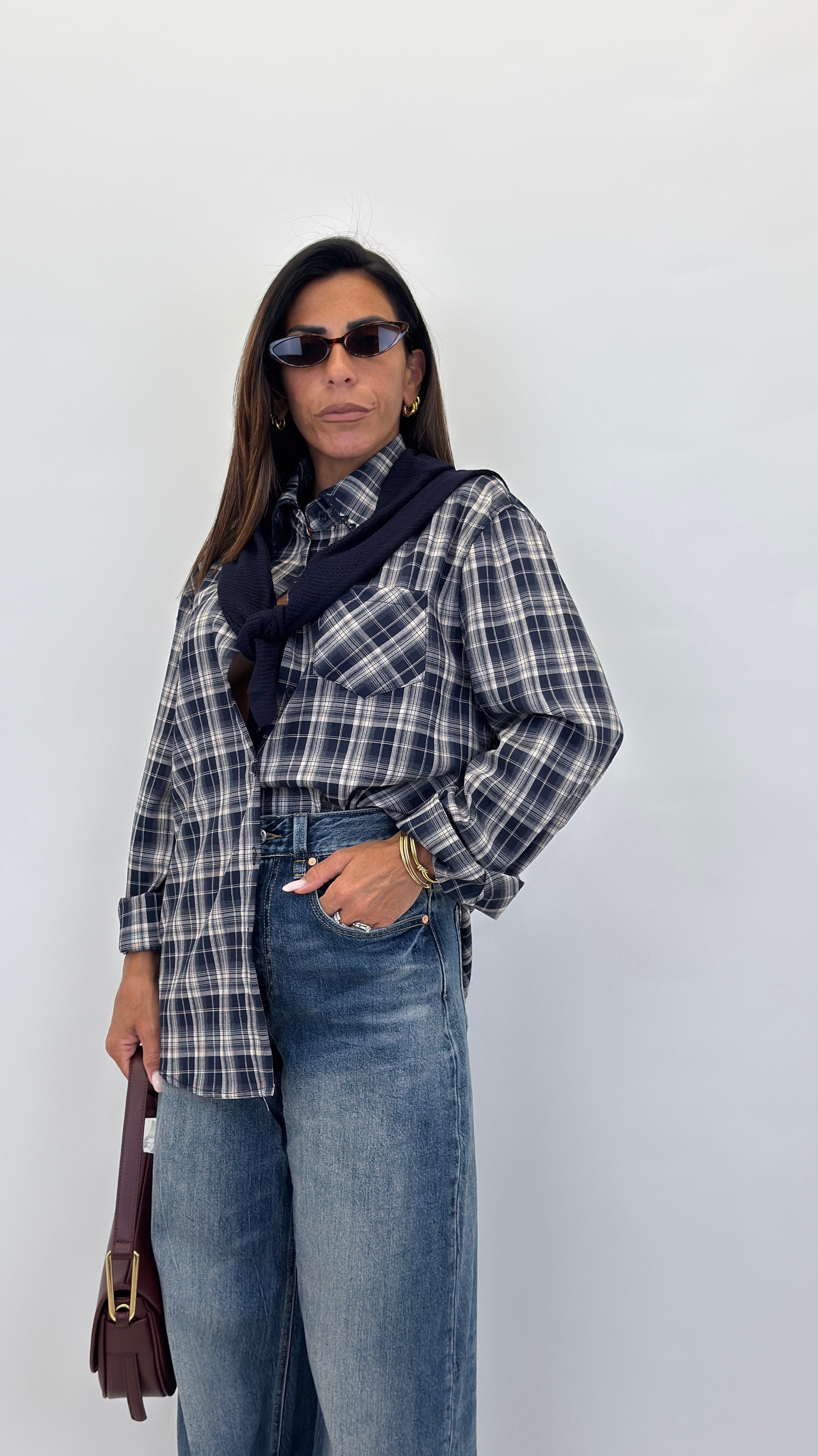 Camicia a quadri in cotone con scialle