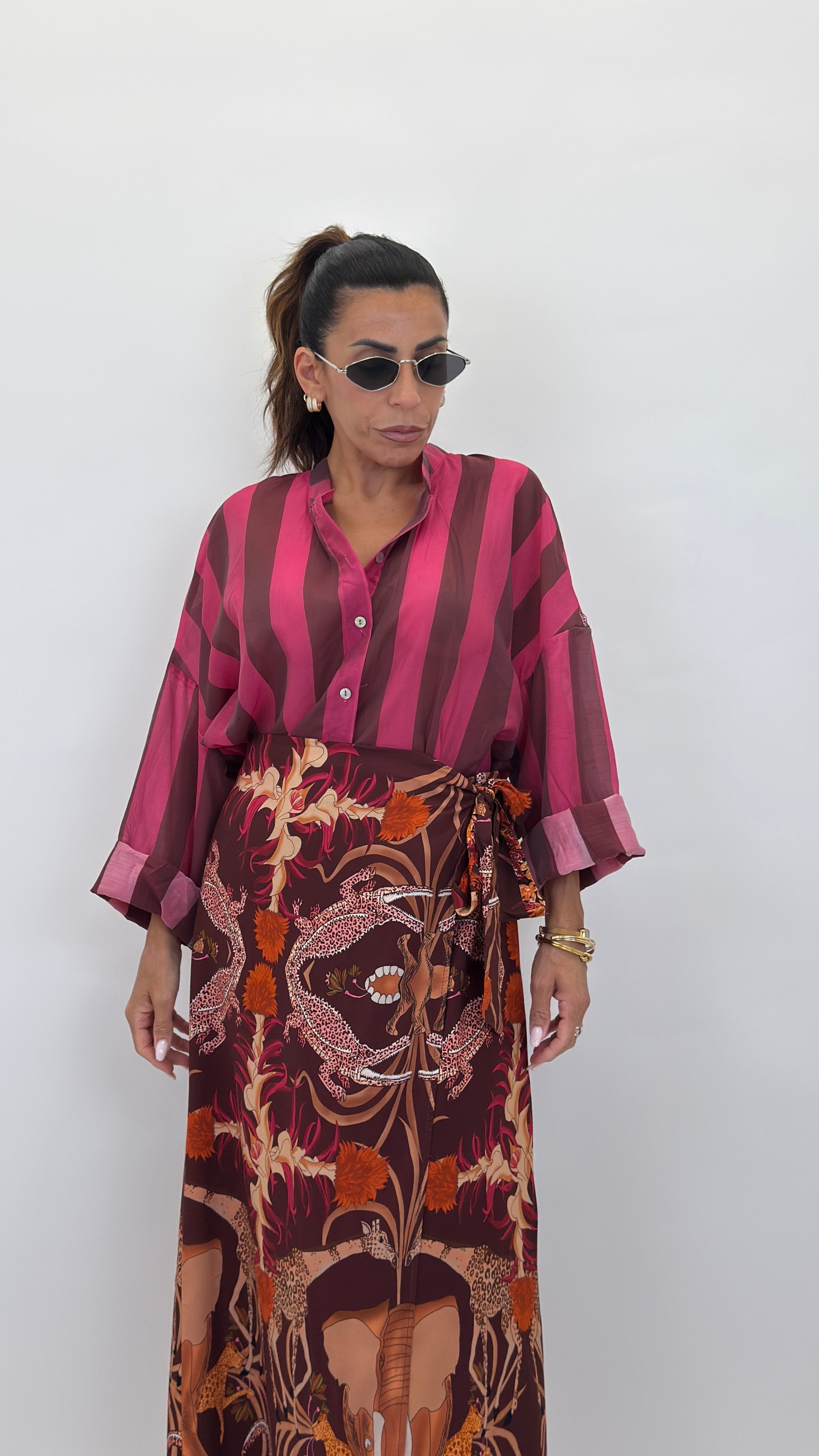 Camicia coreana fucsia/marrone