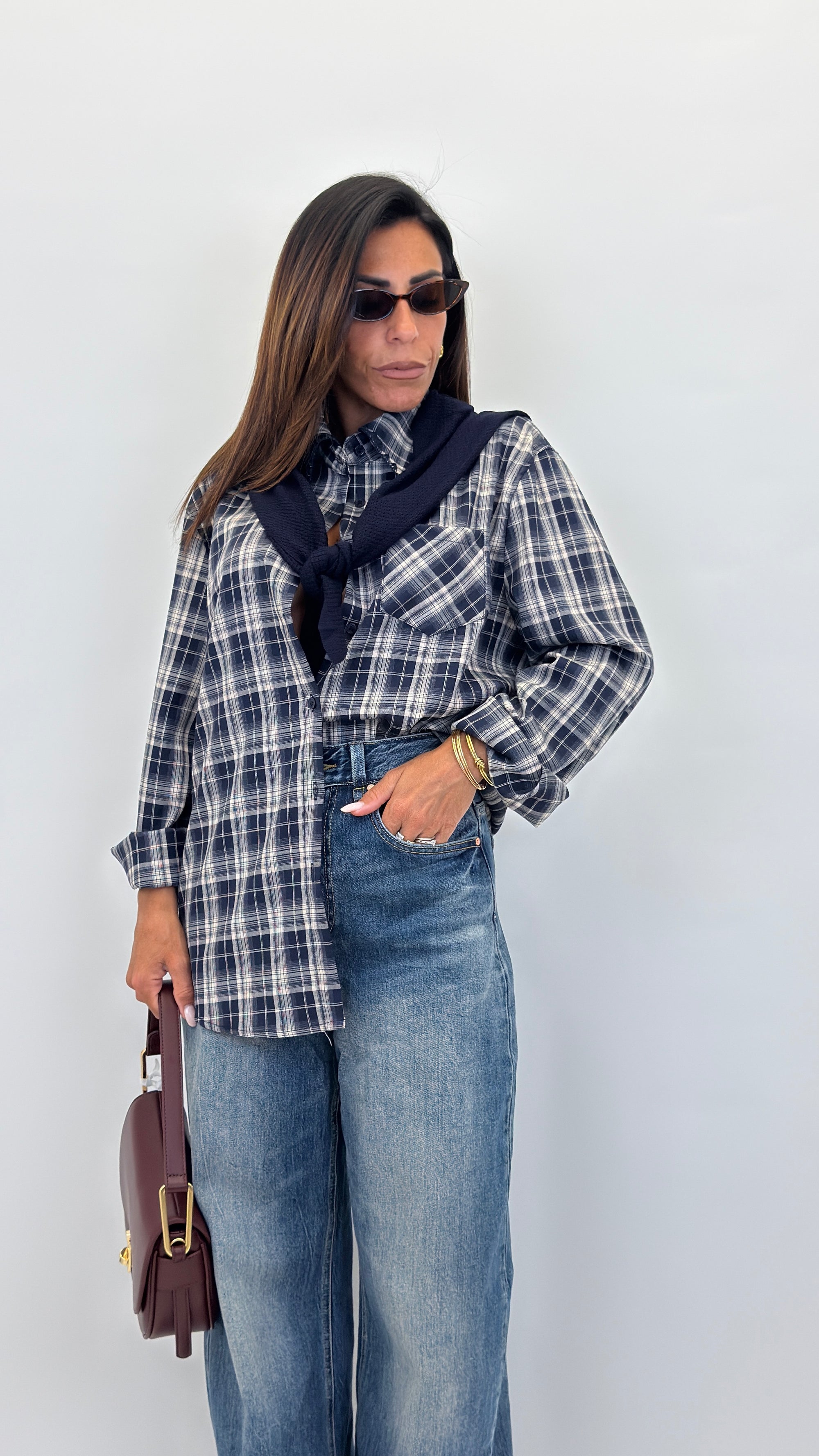Camicia a quadri in cotone con scialle
